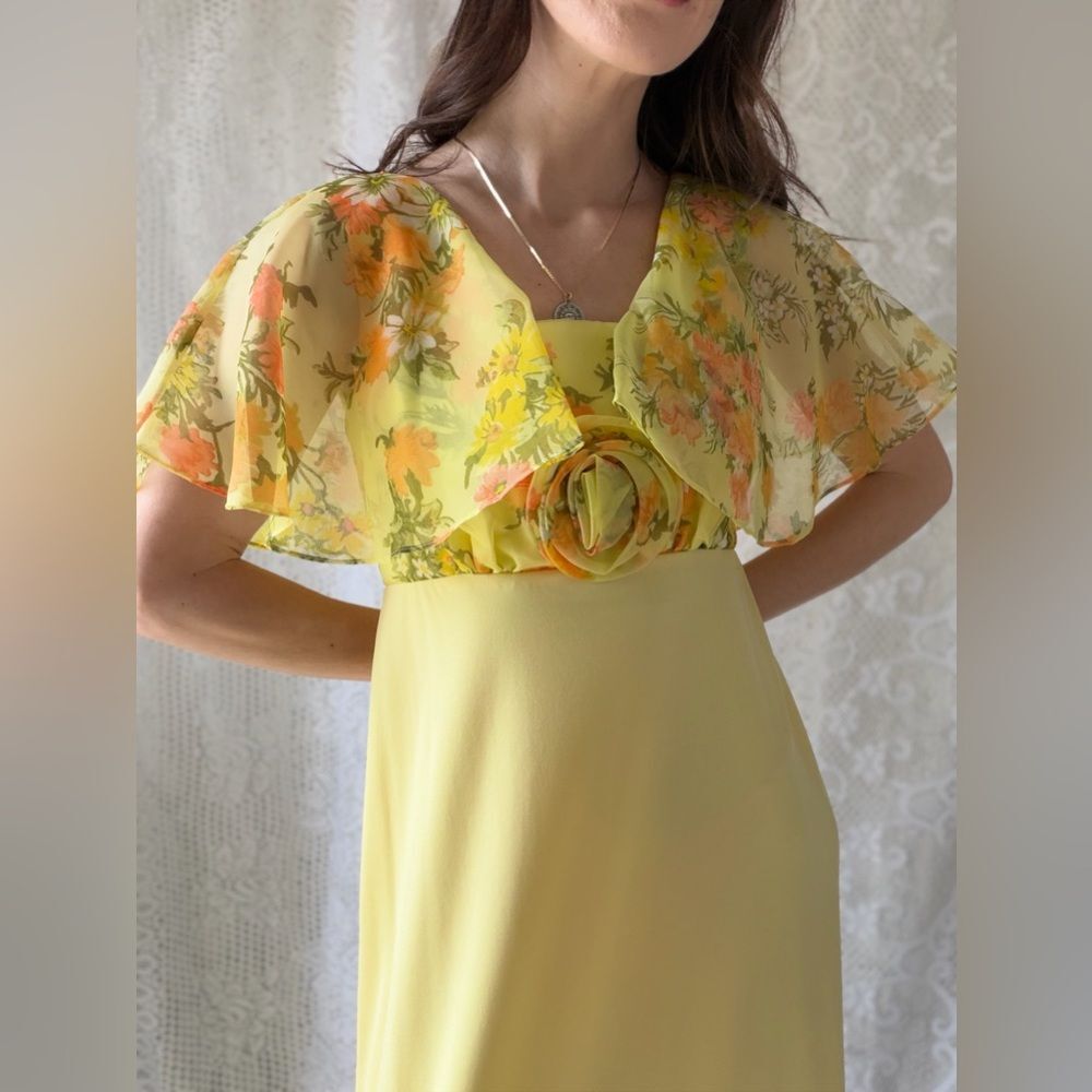 Vintage Yellow Floral Chiffon Maxi Dress 70s Prairie Garden Party - Picture 14 of 14
